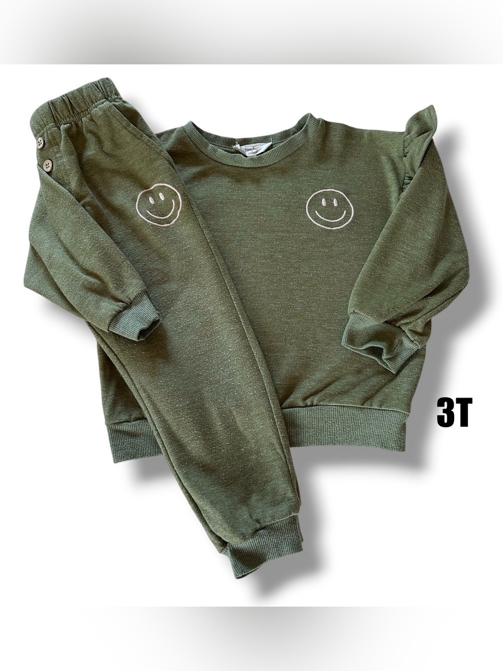 Jessica Simpson Olive Green Smiley Short Sleeve Sweatshirt & jogger pants Sz 3T